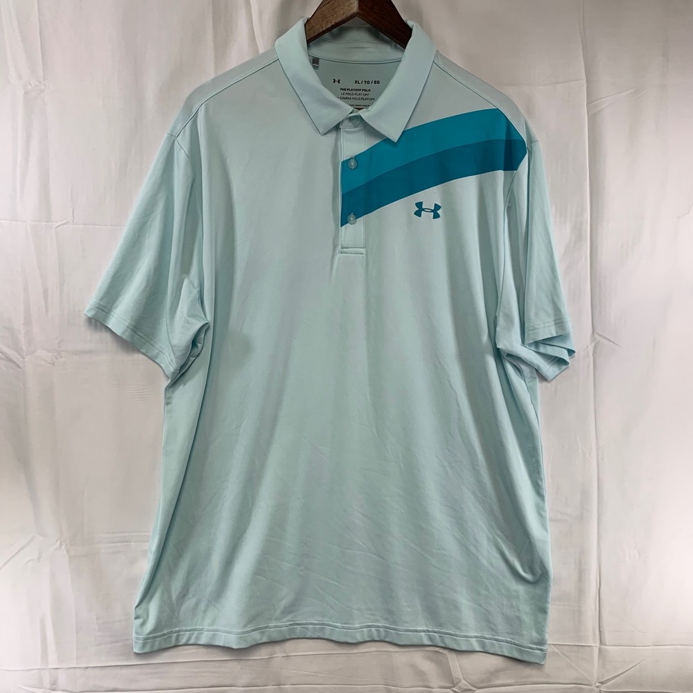 Under Armour Playoff Polo Mens XL Light Blue Striped Graphic HeatGear Golf Shirt